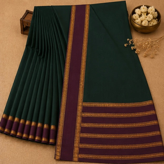 Soft Silk Saree with Traditional Zari Border | Dark Green