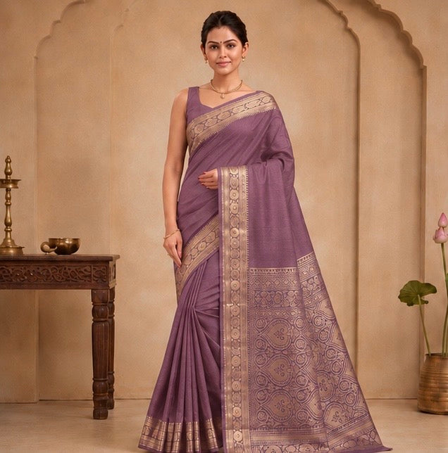 Dusty Mauve Heritage Silk Saree with Antique Zari Woven Pallu