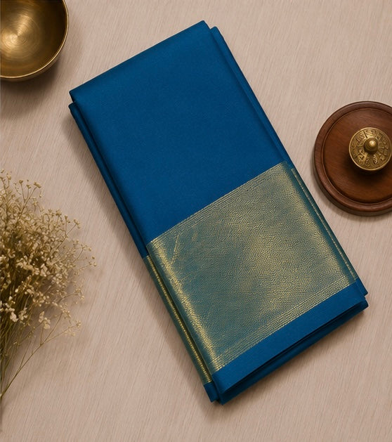 Elegant Teal Soft Silk Saree with Golden Zari Border