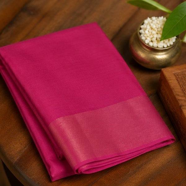 Premium Plain Soft Silk Saree with Elegant Gold Line Pallu & Self Zari Border | Rani Pink