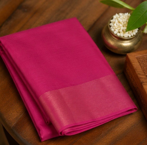 Premium Plain Soft Silk Saree with Elegant Gold Line Pallu & Self Zari Border | Rani Pink