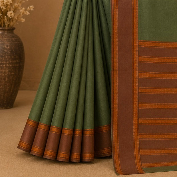 Soft Silk Saree with Traditional Zari Border | Olive Green