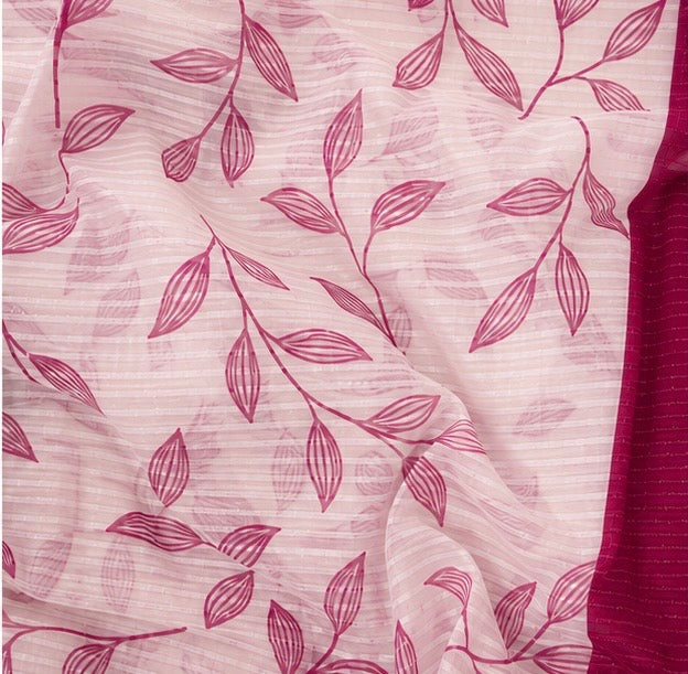 Premium Baby Pink Leaf Print Saree with Magenta Designer Border
