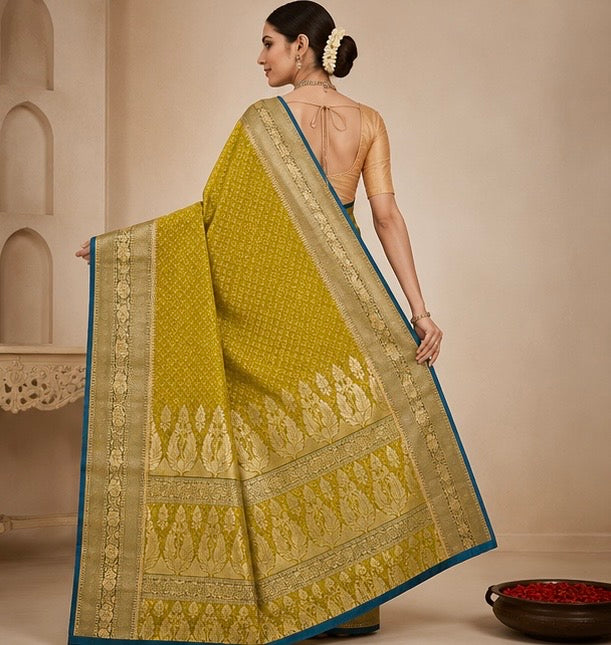 Mustard Yellow Silk Woven Saree with Traditional Gold Zari Border