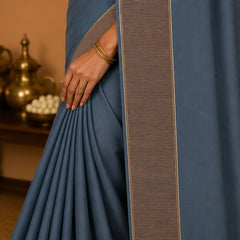 Premium Plain Soft Silk Saree with Elegant Gold Line Pallu & Self Zari Border | Grey
