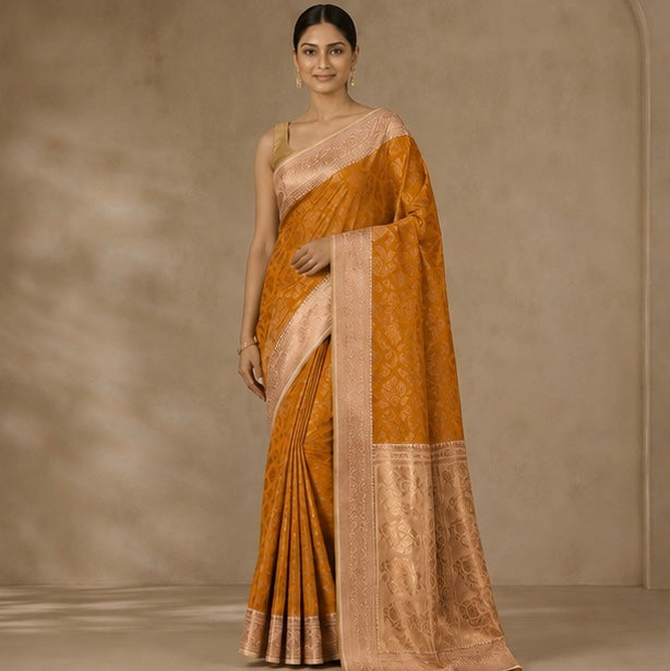 Orange Floral Woven Silk Saree with Zari Border