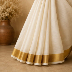 Classic Off White Kerala Cotton Saree with Traditional Gold Kasavu Border