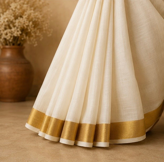Classic Off White Kerala Cotton Saree with Traditional Gold Kasavu Border