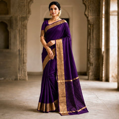 Elegant Wine Soft Silk Saree with Golden Zari Border