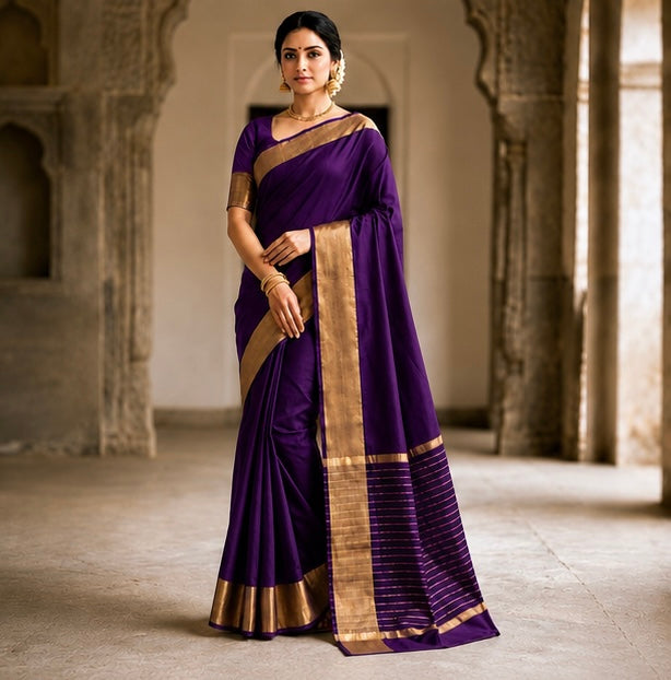 Elegant Wine Soft Silk Saree with Golden Zari Border