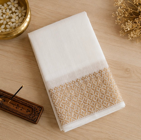 Kerala Cotton Saree with Broad Gold Zari Border