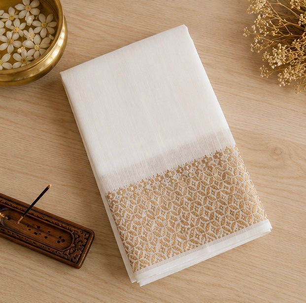 Kerala Linen Saree with Broad Copper Zari Border