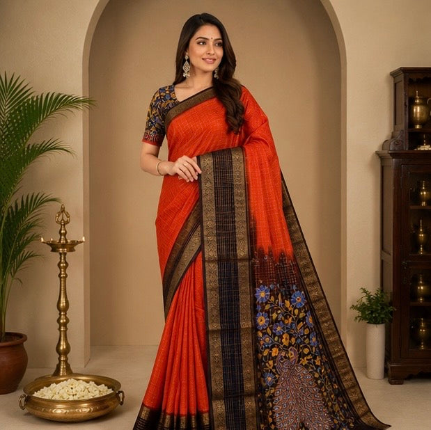 Orange Traditional Saree with Peacock Design Pallu