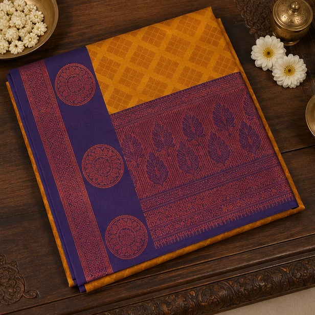 Golden Orange Woven Silk Saree with Deep Purple Brocade Border