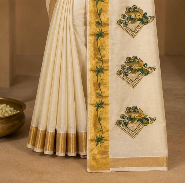 Off White Cotton Saree with Green Floral Zari Border & Peacock Butta Design