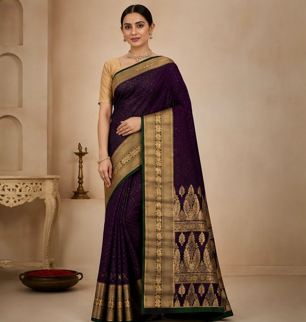 Royal Plum Purple Silk Woven Saree with Gold Zari Border
