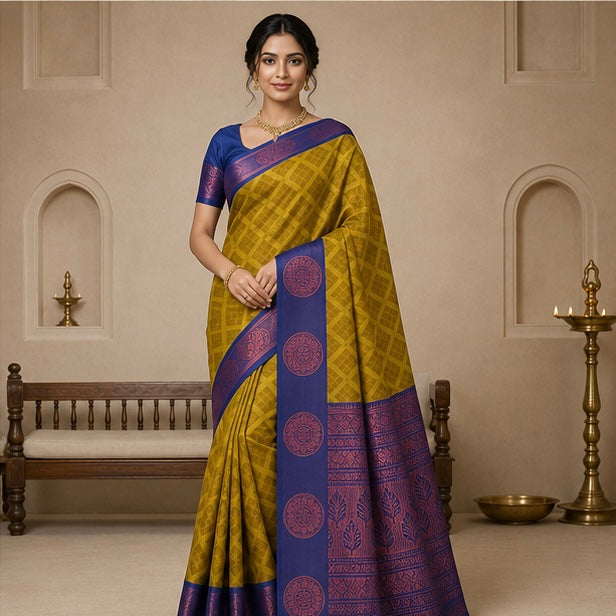 Olive Lime Green Woven Silk Saree with Blue Contrast Border