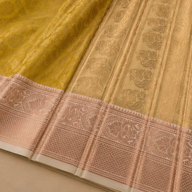 Mustard Yellow Floral Woven Silk Saree with Zari Border