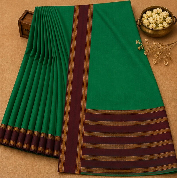 Soft Silk Saree with Traditional Zari Border | Green