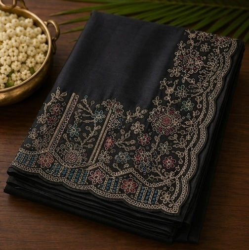Black Embroidered Saree with Designer Floral Border