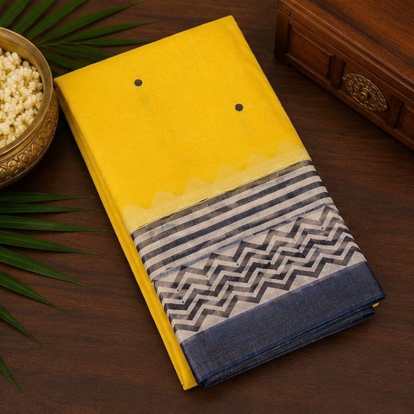 Bright Yellow Cotton Saree with Printed Pallu