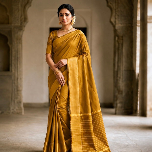Elegant Yellow Soft Silk Saree with Golden Zari Border