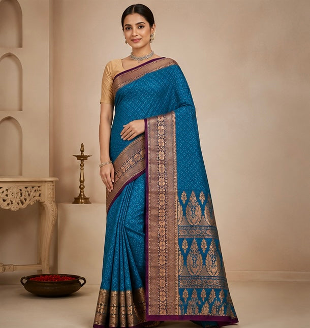 Rich Blue Silk Woven Saree with Gold Floral Zari Border
