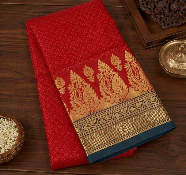 Crimson Red Silk Woven Saree with Antique Gold Zari Border