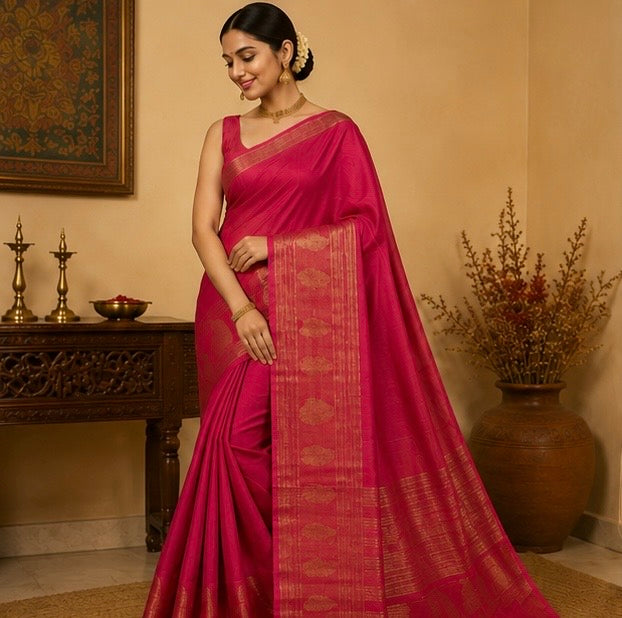 Pink Tussar Silk Saree with Gold Zari Paisley Border