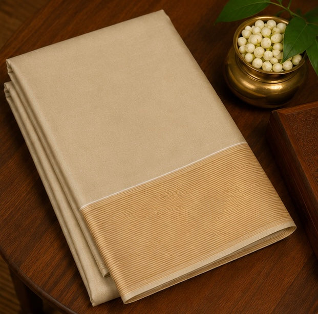 Premium Plain Soft Silk Saree with Elegant Gold Line Pallu & Self Zari Border | Beige