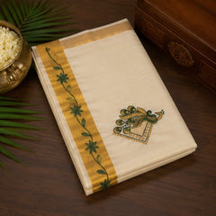 Off White Cotton Saree with Green Floral Zari Border & Peacock Butta Design