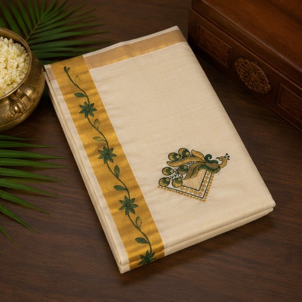 Off White Cotton Saree with Green Floral Zari Border & Peacock Butta Design