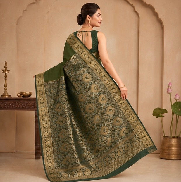 Olive Green Silk Woven Saree with Zari Pallu
