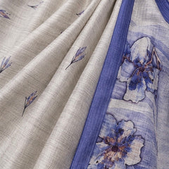 Light Grey Floral Printed Linen Blend Saree with Blue Border