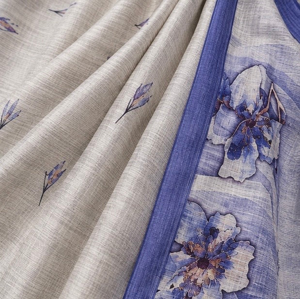 Light Grey Floral Printed Linen Blend Saree with Blue Border