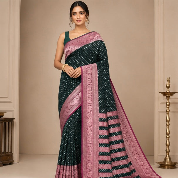 Bottle Green Silk Woven Saree