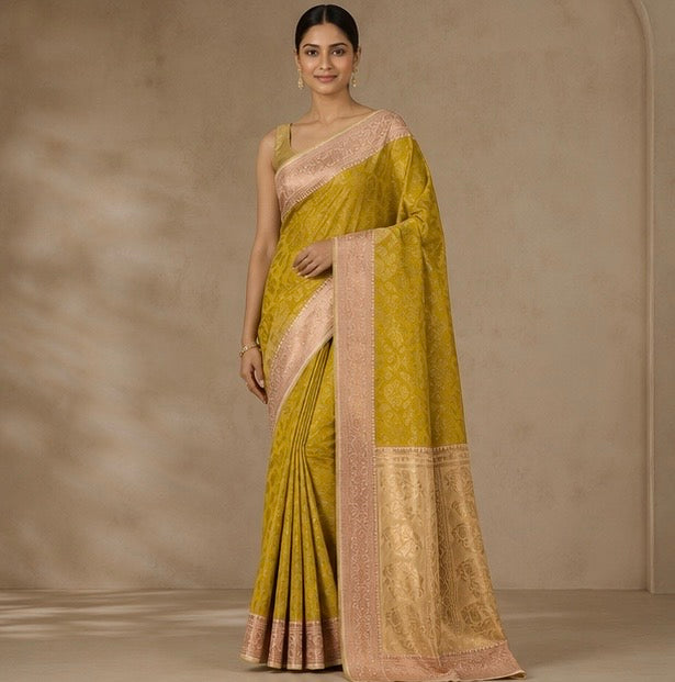 Mustard Yellow Floral Woven Silk Saree with Zari Border