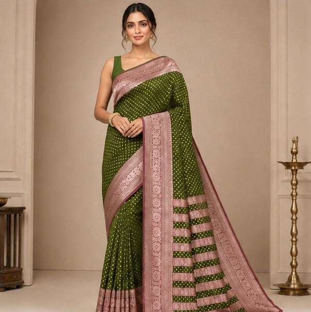 Olive Green Silk Woven Saree