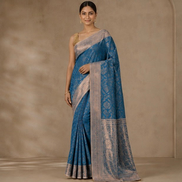 Royal Blue Floral Woven Silk Saree with Zari Border