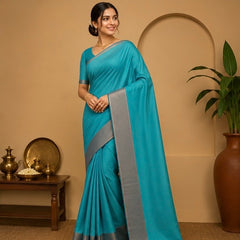 Premium Plain Soft Silk Saree with Elegant Gold Line Pallu & Self Zari Border | Peacock Blue