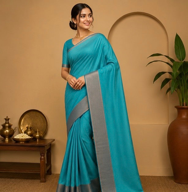 Premium Plain Soft Silk Saree with Elegant Gold Line Pallu & Self Zari Border | Peacock Blue