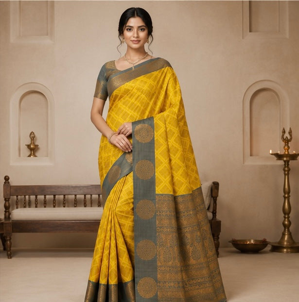 Mustard Yellow Woven Silk Saree with Sage Green Contrast Border