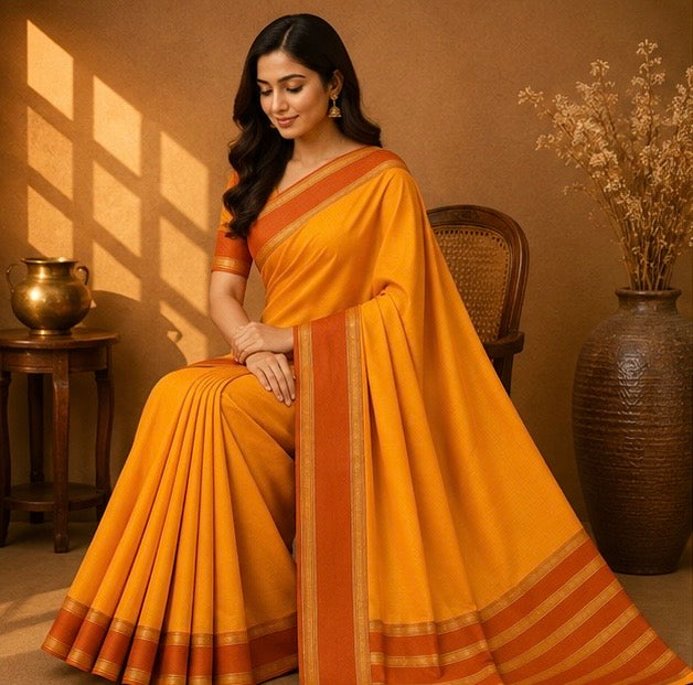 Soft Silk Saree with Traditional Zari Border | Mustard Yellow