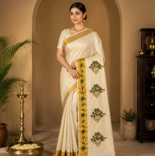 Off White Cotton Saree with Green Floral Zari Border & Peacock Butta Design