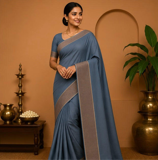 Premium Plain Soft Silk Saree with Elegant Gold Line Pallu & Self Zari Border | Grey