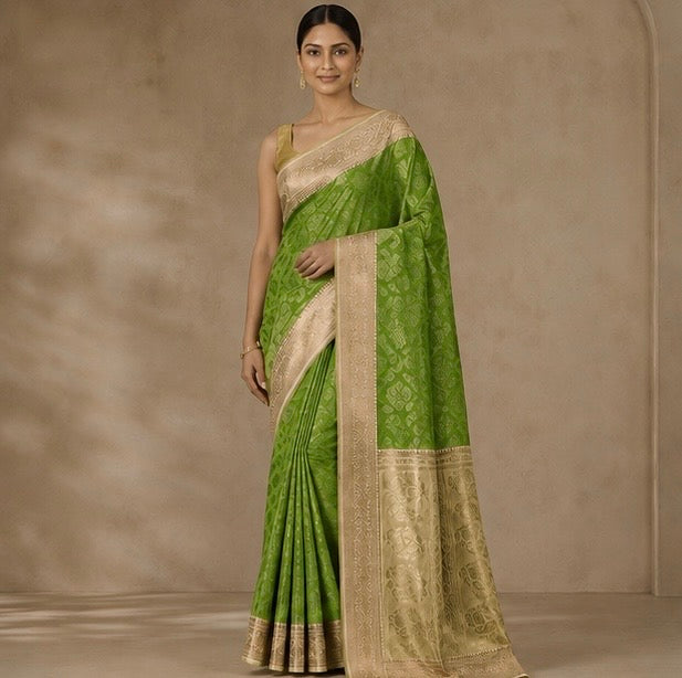 Parrot Green Floral Woven Silk Saree with Zari Border