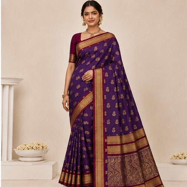 Deep Purple Paithani Silk Saree with Woven Peacock Motifs