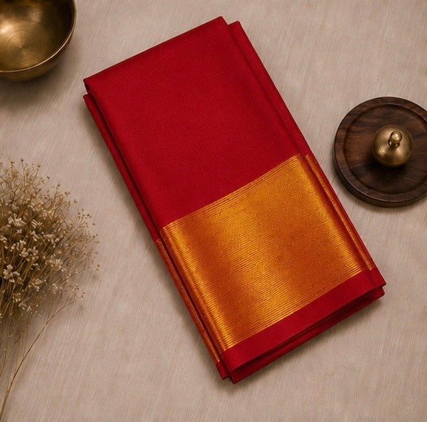 Elegant Red Soft Silk Saree with Golden Zari Border