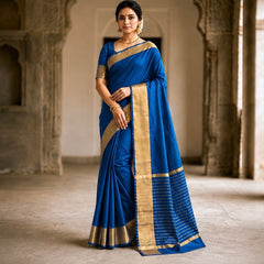 Elegant Teal Soft Silk Saree with Golden Zari Border