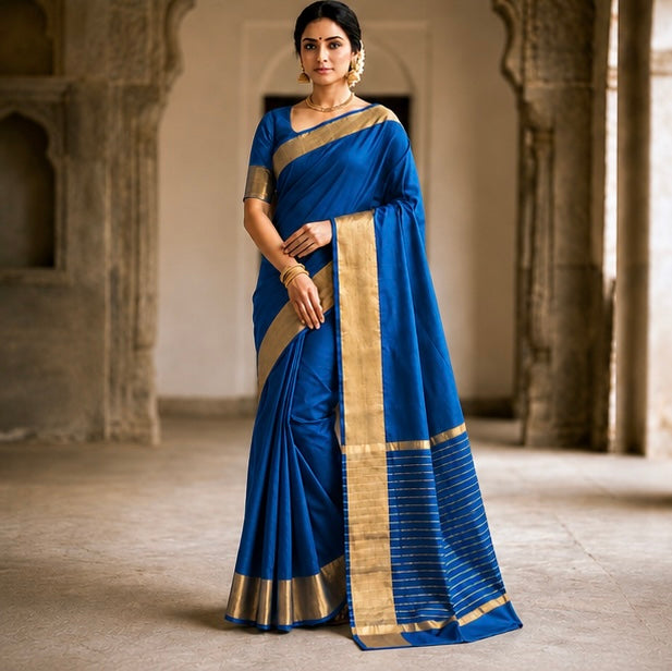 Elegant Teal Soft Silk Saree with Golden Zari Border